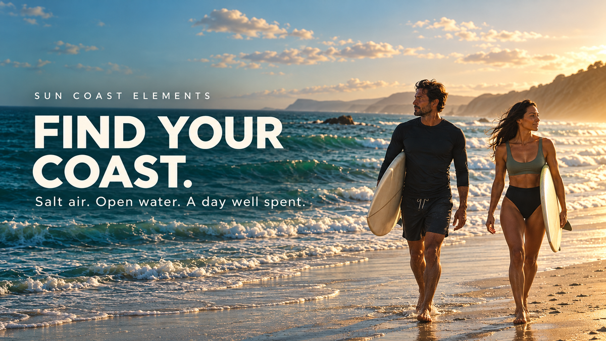 Find Your Coast — two adult surfers beside the ocean at sunset