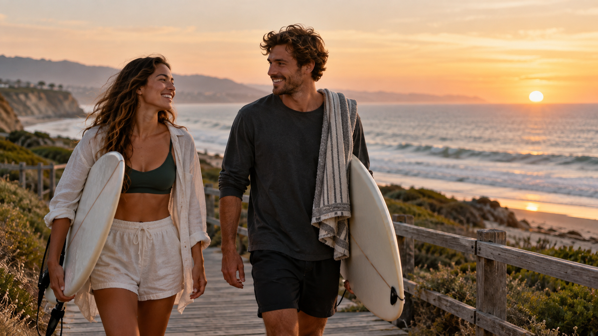Two adult surfers walking along a coastal boardwalk at sunrise