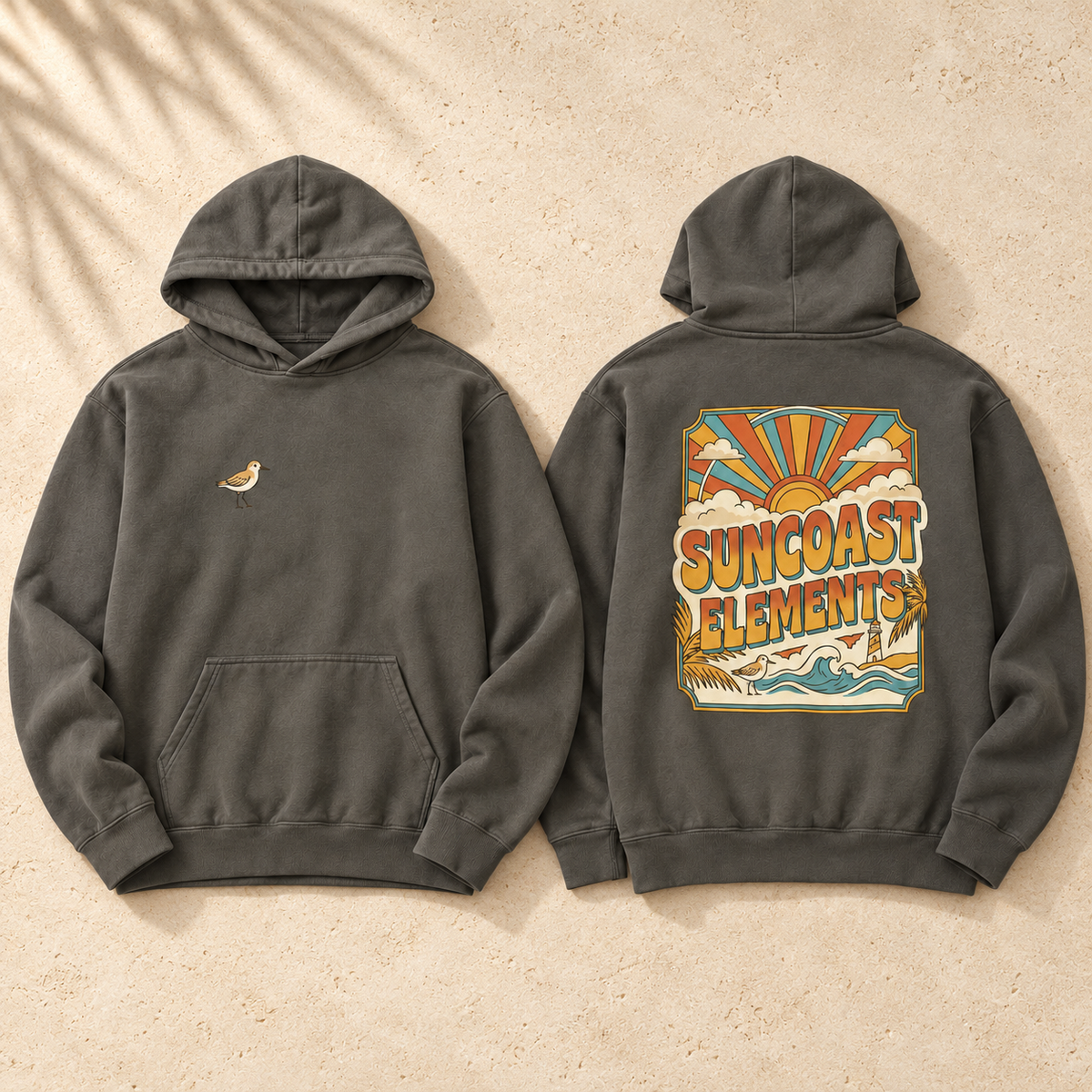 Sun Coast Washed Coast Garment-Dyed Hoodie on pale coastal limestone with palm shadows