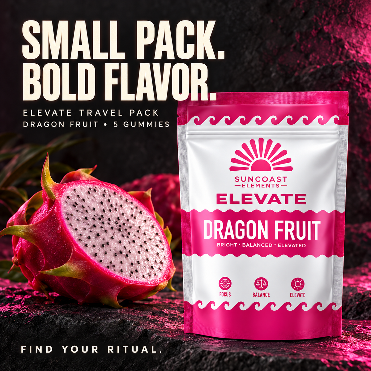 Small pack. Bold flavor. ELEVATE Travel Pack — Dragon Fruit, 5 gummies.
