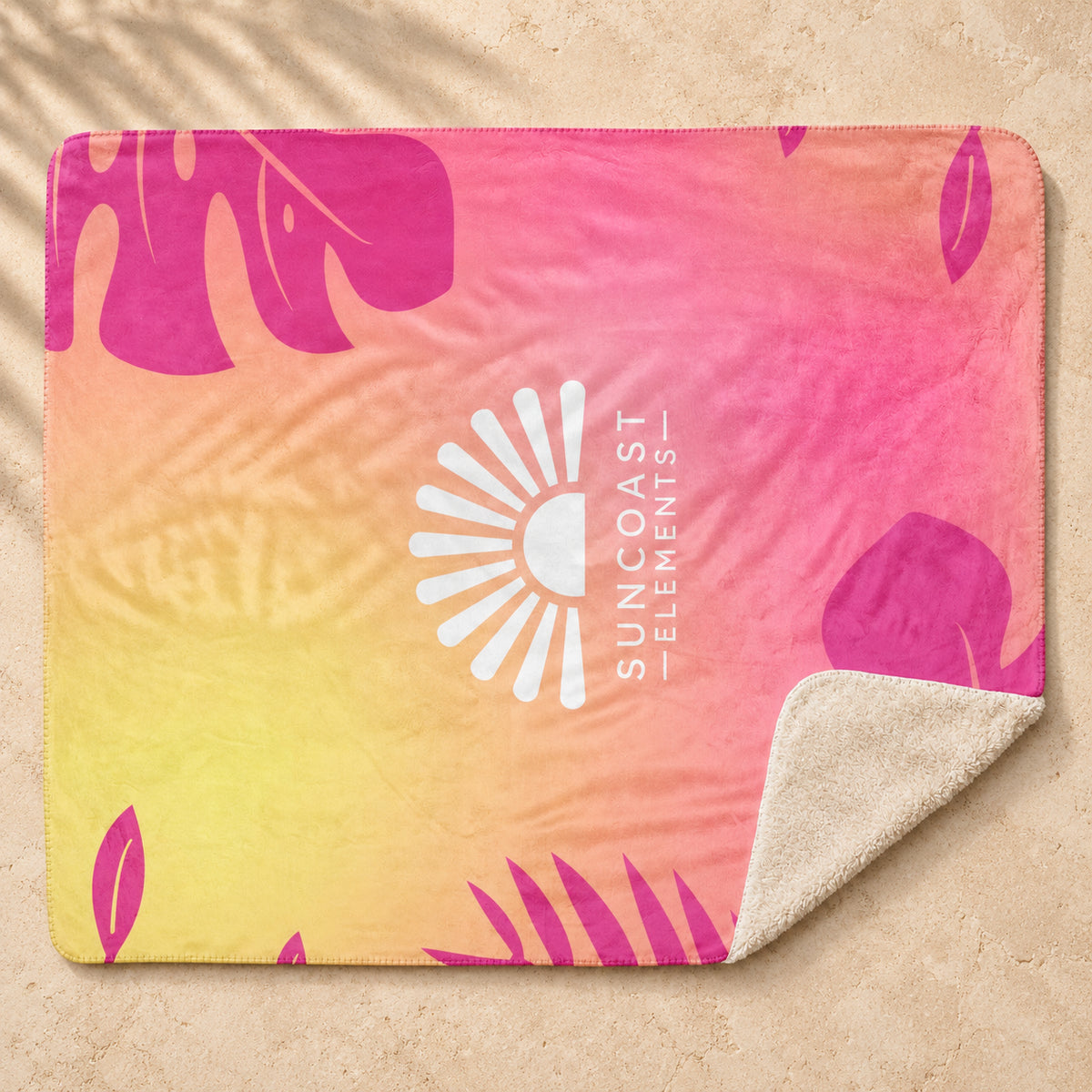Sunset Palms Sherpa Blanket — Pink on pale coastal limestone with palm shadows