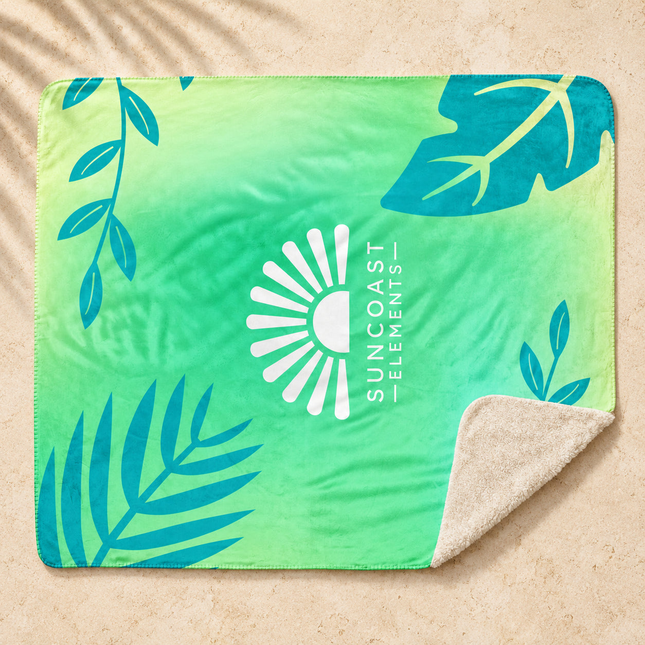 Tropical Tide Sherpa Blanket — Seafoam on pale coastal limestone with palm shadows