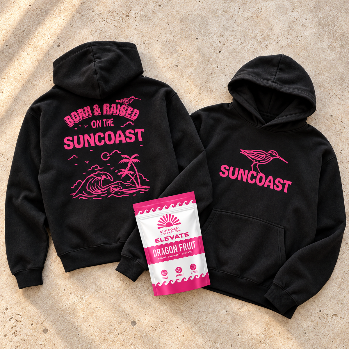 Front and back black Suncoast hoodies with an ELEVATE Dragon Fruit pouch on warm stone